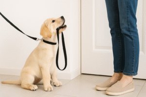 Puppy waiting near the door during potty training.