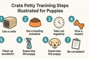 Crate potty training steps illustrated for puppies