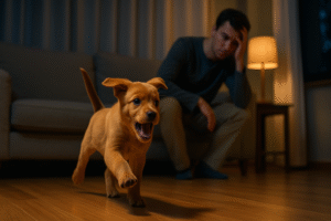 Hyperactive puppy running around the house at night