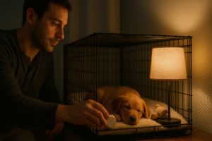Puppy relaxing in crate with soft lighting during bedtime routine