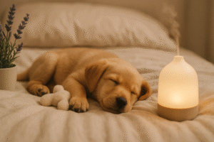 Relaxed puppy lying on cozy bed with calming environment
