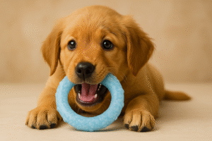 happy puppy with frozen teething toy for gum relief