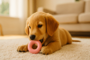 teething puppy chewing safe rubber toy at home to soothe sore gums