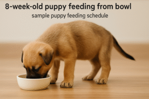 8-week-old puppy feeding from bowl – sample puppy feeding schedule