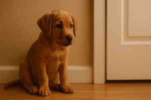 Sad puppy waiting by the door showing signs of separation anxiety.