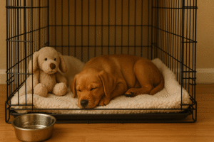 Comfortable crate setup helping puppy overcome separation anxiety