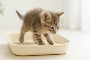 Small kitten using a kitten-friendly litter box