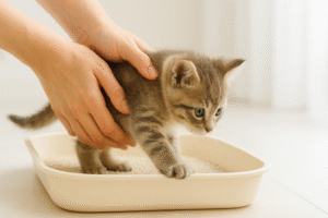 Owner placing kitten in litter box during training