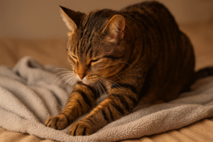 Cat kneading a fleece blanket with front paws, making biscuits