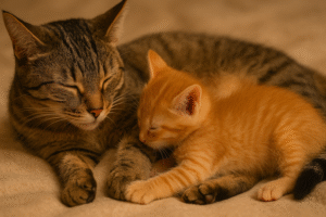 Kitten kneading its mother while feeding – natural kneading instinct