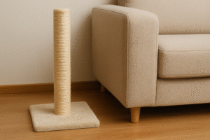 scratching post for cats placed near sofa to stop scratching furniture