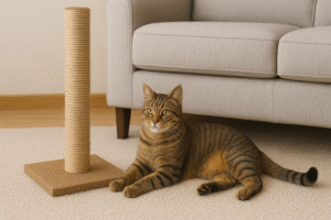trained cat using scratching post instead of furniture