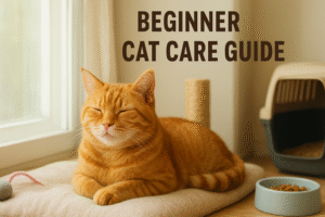 Beginner cat care guide – happy cat relaxing at home with essential supplies
