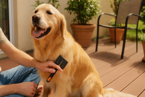 og being brushed at home during grooming session.