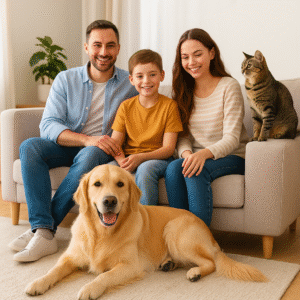 Happy family living room scene with dog and cat enjoying a pet-friendly lifestyle.