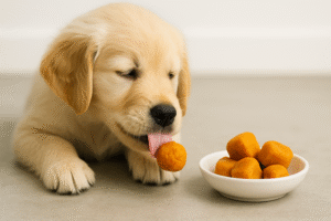 Puppy enjoying a small homemade pumpkin dog treat