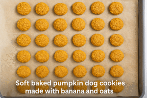 Soft baked pumpkin dog cookies made with banana and oats