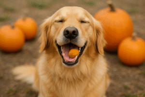 Happy dog enjoying homemade pumpkin treats made in 15 minutes
