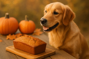 Dog sitting beside homemade pumpkin bread loaf on table