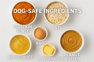 Healthy dog-safe pumpkin bread ingredients including pumpkin, oats, and applesauce