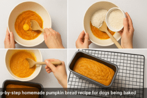 Step-by-step homemade pumpkin bread recipe for dogs being baked