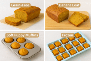 Different pumpkin bread variations for dogs — grain-free, banana, and frozen versions