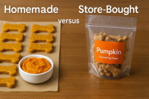 Homemade pumpkin dog treats compared with store-bought treats