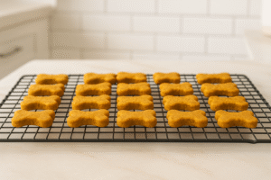 Homemade pumpkin dog treats cooling on a wire rack