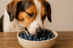 Dog eating fresh blueberries from a bowl safely