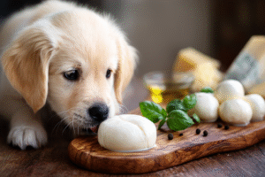 Puppy checking if mozzarella cheese is safe to eat