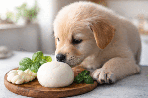 Puppy checking if mozzarella cheese is safe to eat