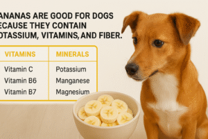 Bananas are good for dogs because they contain potassium, vitamins, and fiber.