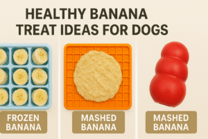 Healthy banana treat ideas for dogs such as frozen banana and mashed banana.