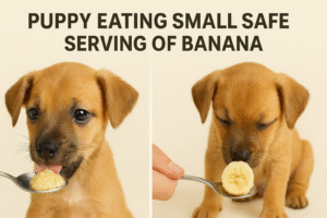 Puppy eating small safe serving of banana.