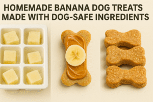 Homemade banana dog treats made with dog-safe ingredients.