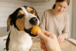 Happy dog enjoying homemade pumpkin dog treats