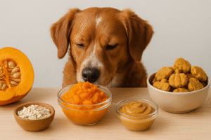 Dog with homemade pumpkin treats made from pumpkin, oats, and peanut butter