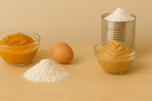 Ingredients for homemade pumpkin dog treats on kitchen counter