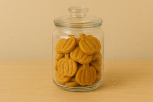 Pumpkin dog treats stored in airtight jar for freshness