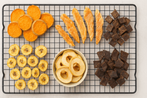 homemade dehydrated dog treats assortment on tray
