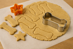 grain-free dog treat dough being cut into shapes