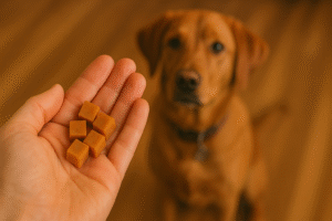 hand holding homemade dog training treats with dog waiting