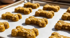Homemade pumpkin oatmeal dog treats baked until golden and slightly crunchy