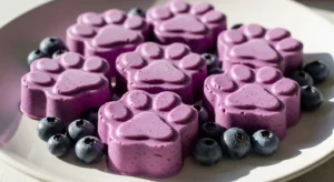 Frozen blueberry yogurt dog treats in paw-shaped molds