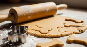 Rolling peanut butter dog treat dough and cutting into bone shapes
