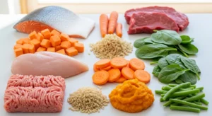 Ingredients for healthy homemade dog food including salmon, chicken, beef, rice, and vegetables