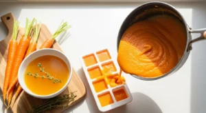 Carrot and bone broth mixture prepared in ice cube tray for frozen dog treats