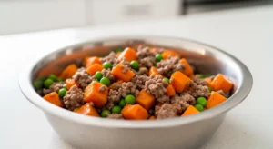 Beef and sweet potato homemade puppy food bowl