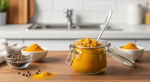 Homemade turmeric golden paste for dogs in a glass jar
