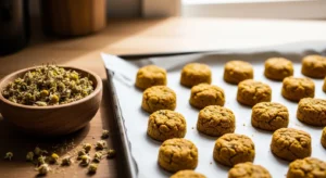 Baked pumpkin chamomile calming dog treats on baking tray